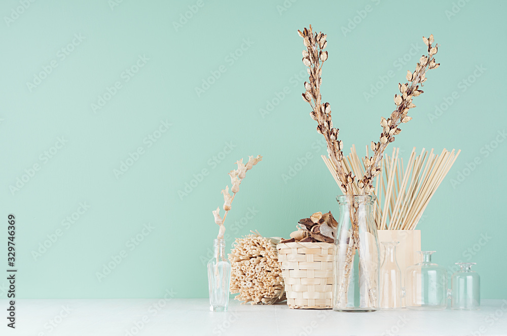 Simple organic beige wooden home decor with dried plants in glass bottles, twigs bunch, wicker basket in green mint menthe color interior on white table.