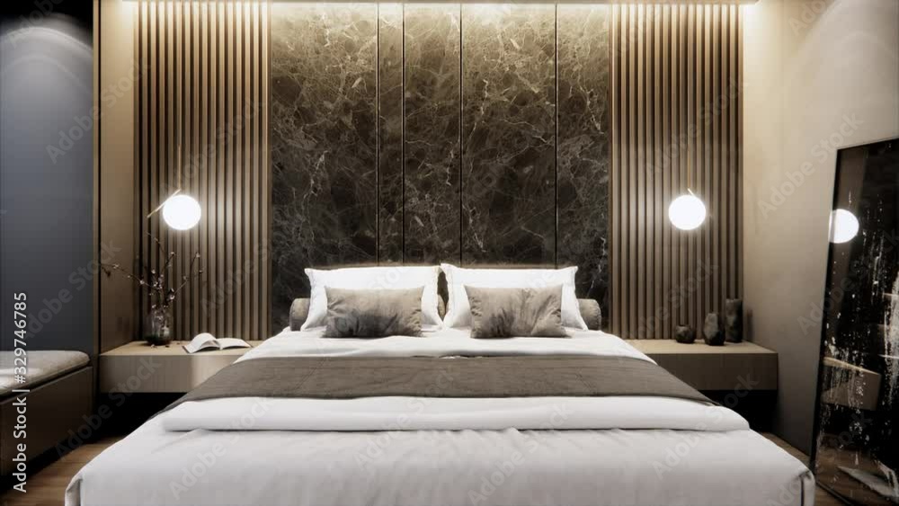 interior of modern luxury bedroom with furniture , zoom out shot, video ultra HD 4K 3840x2160, 3D animation bedroom design