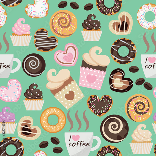 dessert and a Cup of coffee on a green background. seamless pattern