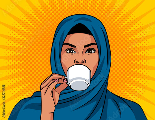Color vector illustration in pop art style. Beautiful muslim woman in a traditional shawl on her head is drinking a coffee. Arabian woman hold cup of coffee in her hand