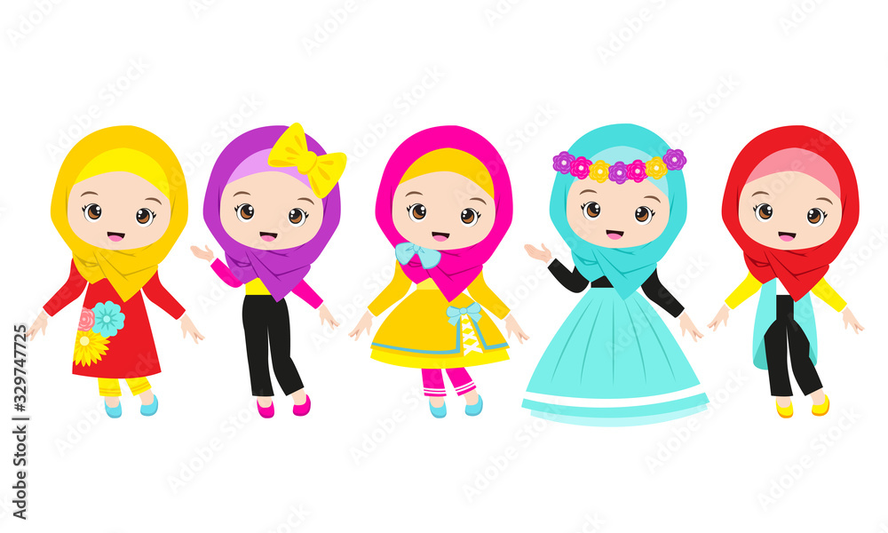 Set of Muslim Girls Cartoon Character with 5 costume Set of Muslim Girls Cartoon Character with 5 costume