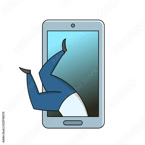 Man dives into the smartphone. Gadget addiction, social media dependency concept. Flat cartoon vector illustration, isolated on white background.