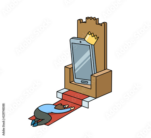 Cartoon illustration of a man worshiping a gadget on a throne. Gadget addiction, social media dependency concept. Flat cartoon vector illustration, isolated on white background.