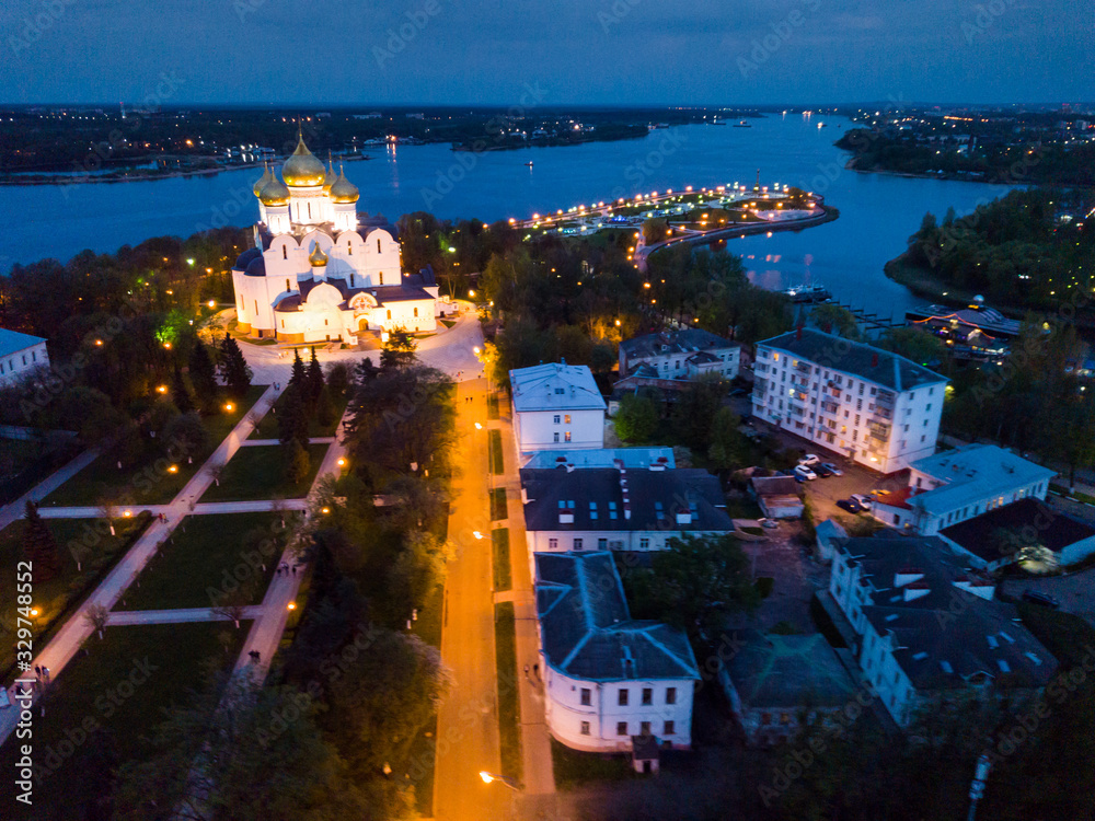 Aerial view of Yaroslavl with Assumption Cathedral at night