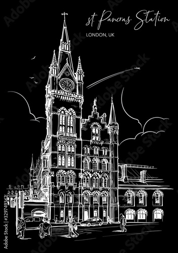 St. Pancras railway station, London, UK. Engraving style sketch. Vintage design. Travel sketchbook drawing. Chalk drawing on a blackboard. EPS10 vector illustration