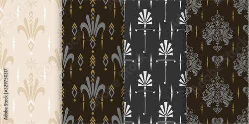 Vector seamless pattern. Set of background wallpaper in Chinese Japanese style. Colors: black, silver, beige. Graphic templates for your design.