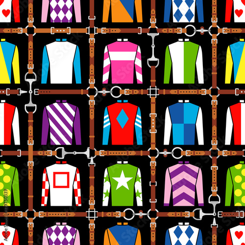 Seamless pattern jockey uniform. Traditional design. Silk. Harness, bridle, harness, belt. Horse racing fashion. Vector illustration