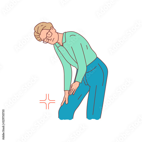 Young man with knee pain. Flat trendy hand drawn character vector illustration. Isolated on white background.