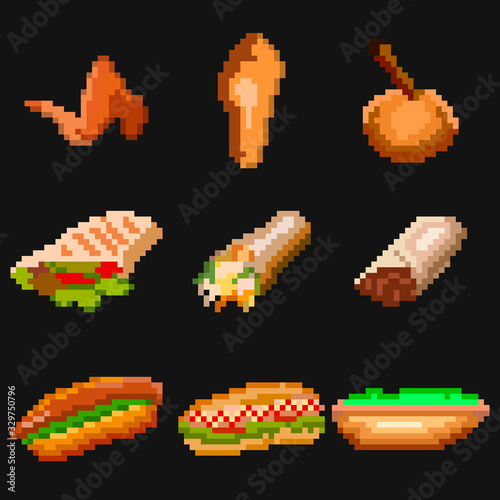 A set of nine food elements in the style of a small number of pixels, Fast food fried wings, chicken, Shawarma and hot dog. A set of illustrations for games and other various purposes.