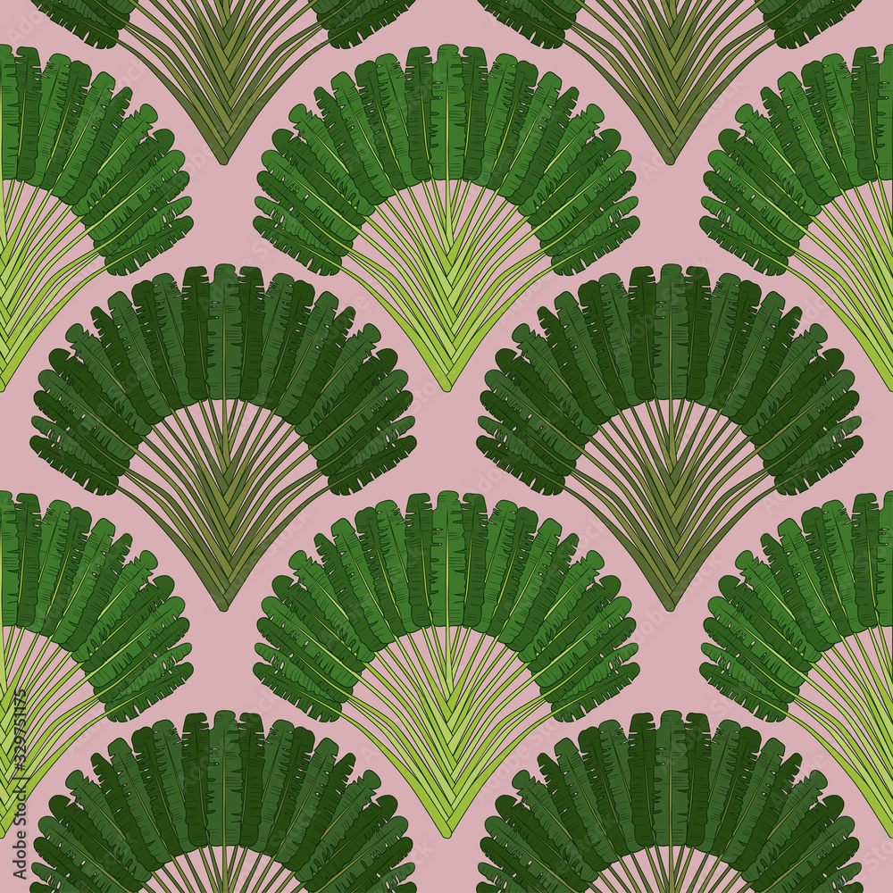 .Ravenala madagascariensis seamless pattern.Vintage texture with fan ...