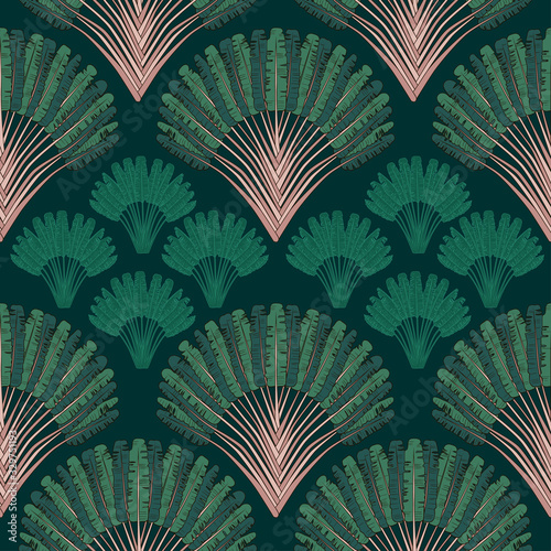 ..Ravenala madagascariensis seamless pattern.Vintage texture with fan foliage on a dark background. Hand drawn vector illustration with an exotic giant palm tree.