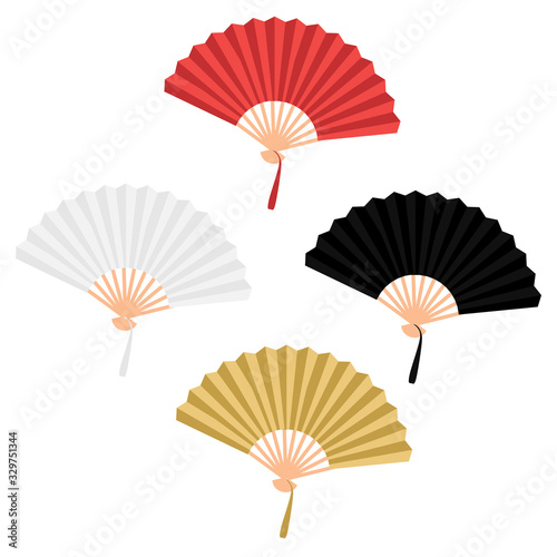 Set of four chinese folding hand fan vector isolated on white, red, white, black, golden