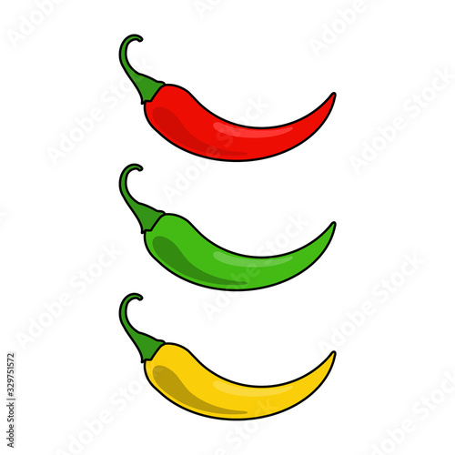 Hot chilli pepper vector set isolated on white background. Red, yellow and green.