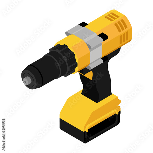 Isometric cordless drill, screwdriver with drill bit on white background vector