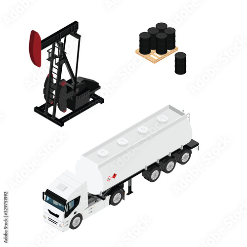 Oil pump oil rig energy industrial machine for petroleum, industry oil barrels or chemical drums stacked on wooden pallet and truck tanker isometric view isolated on white background