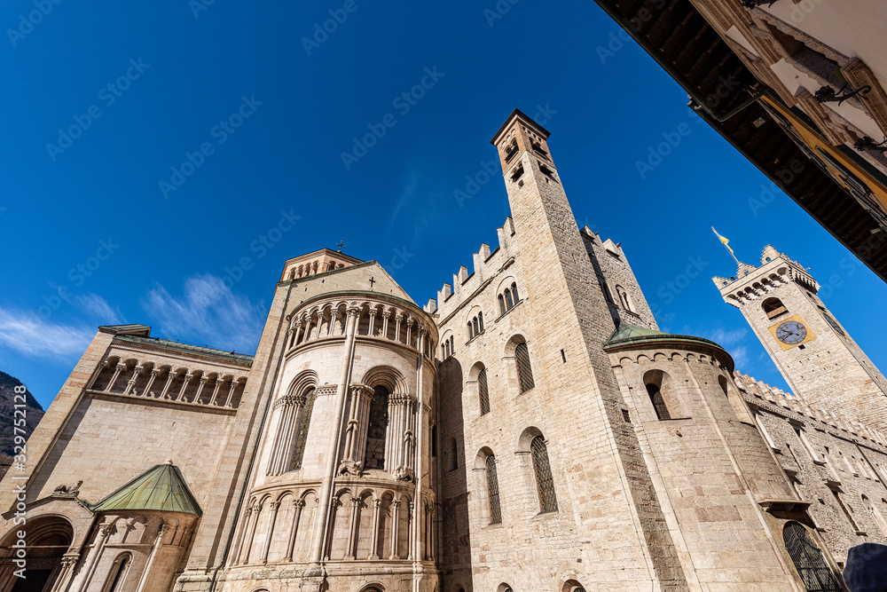 Trento city, San Vigilio Cathedral (Duomo di Trento, 1212-1321) and the medieval clock tower of the Palazzo Pretorio (Praetorian Palace and Civic Tower). Trentino-Alto Adige, Italy, Europe