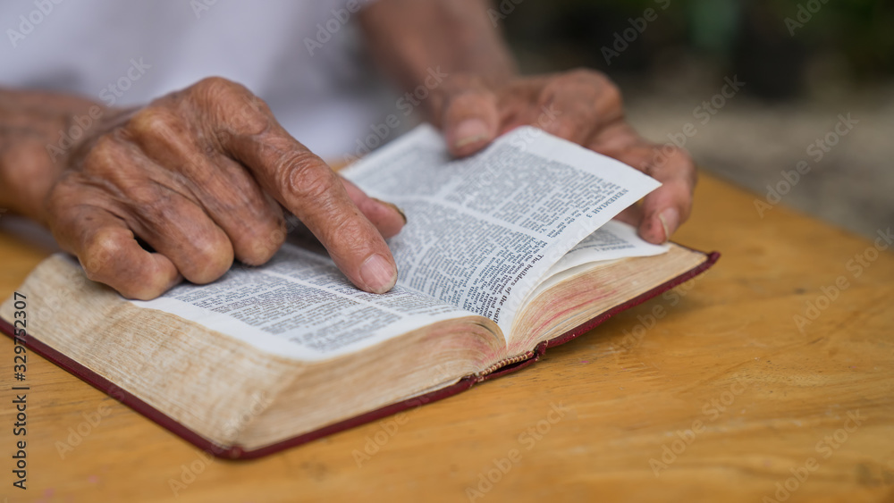 Naklejka premium Old man reading her bible while sitting outside