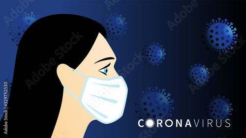 Coronavirus in China. Novel coronavirus (2019-nCoV), woman in white medical face mask. Concept of coronavirus quarantine, pandemic medical concept with dangerous cells.Vector illustration