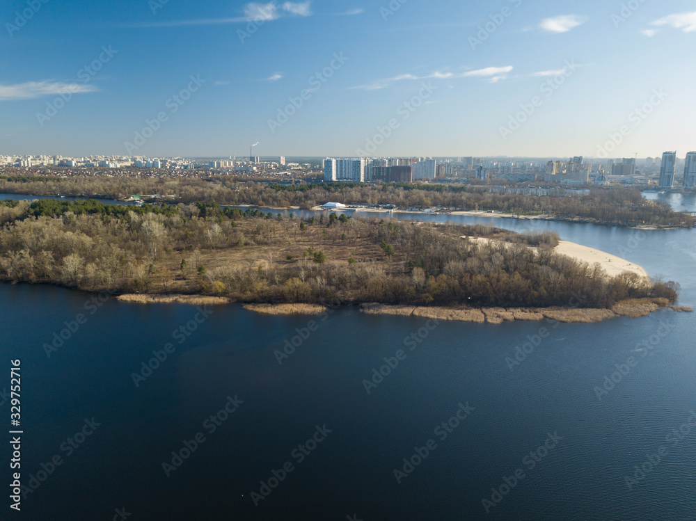 Aerial drone view. View of the Dnieper River in Kiev.
