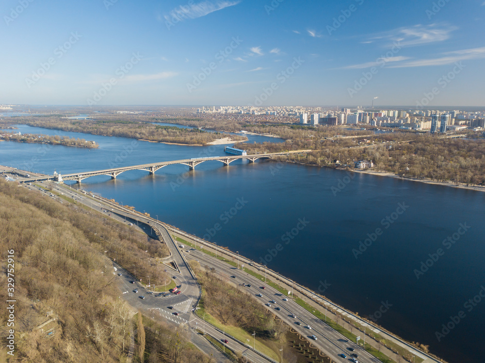 Aerial drone view. Kiev metro bridge in sunny weather