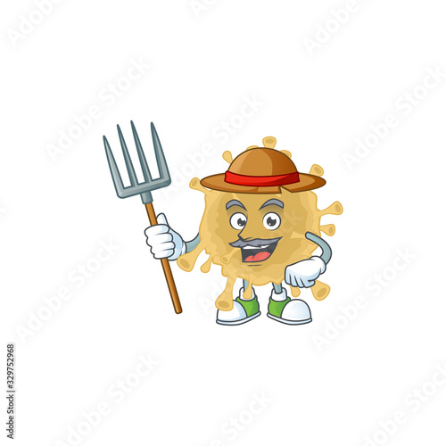 Coronavirus particle in Farmer mascot design with hat and pitchfork