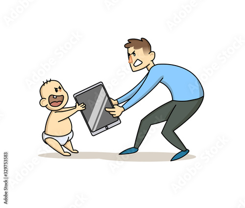 Father taking a smartphone away from his toddler child. Children's dependence on gadgets, parental upbringing concept. Flat vector illustration, isolated on white background.
