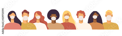 Set of people in protective face dust masks. Bundle of men and women wearing protection from urban air pollution, smog, vapor, pollutant gas emission and virus. Flat vector illustration