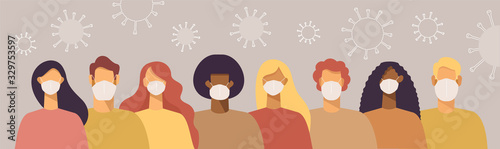 Novel coronavirus (2019-nCoV). People in white medical face masks. Concept of coronavirus quarantine. Coronavirus bacteria cell icon. Vector illustration in flat design photo