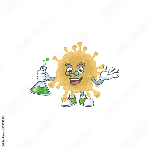 Coronavirus particle brainy Professor Cartoon design grasp a glass tube