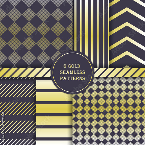 Gold and navy blue seamless patterns. Rhombus, vertical stripes, diagonal stripes, zigzag stripes.