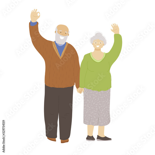 Vector flat illustration of happy cheerful senior couple, holding hands, waving hands, showing OK Sign. Joyful Older man and woman, happy oldness concept.