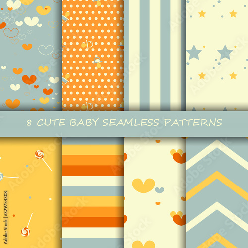 Cute baby set of seamless patterns. Pacifier,cute hearts,lollipop, horizontal and vertical stripes,zigzag stripes,stars,dots.