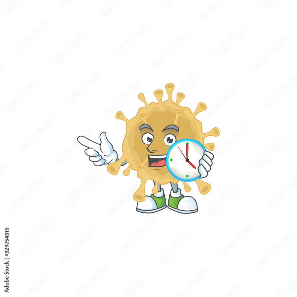 cartoon character style of cheerful coronavirus particle with clock cartoon character style of cheerful coronavirus particle with clock