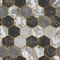 Handdoek met foto Marmeren hexagons patronen Abstracte marmer zeshoeken met goud  © Gribanessa