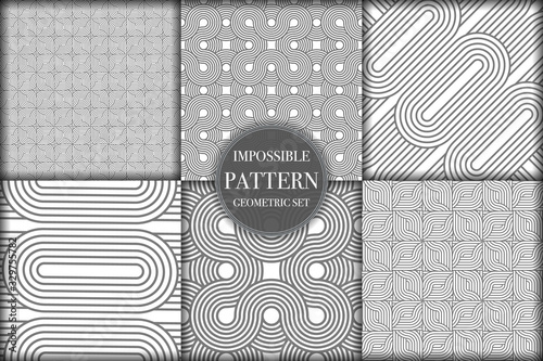 Set of 6 geometric impossible seamless pattern background. Abstract circle and line texture vector illustration for wallpaper, cover, banner, fabric print ,design template ornament, backdrop