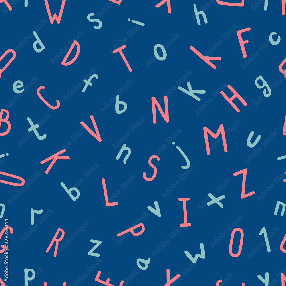 Seamless pattern of uppercase and lowercase letters of the Latin alphabet on a dark turquoise background. Pink and blue hand-drawn and traced symbols are randomly scattered on the background. Seamless pattern of uppercase and lowercase letters of the Latin alphabet on a dark turquoise background. Pink and blue hand-drawn and traced symbols are randomly scattered on the background.