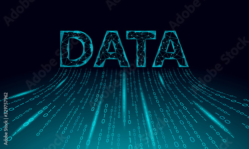 Data lettering 3D glowing geometric inscription. Digital computing online storage technology concept. Polygonal future global cloud information exchange background vector illustration