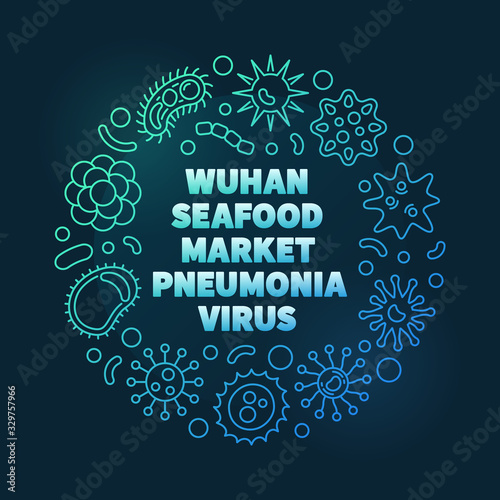 Vector Wuhan Seafood Market Pneumonia Virus colorful concept linear round illustration on dark background
