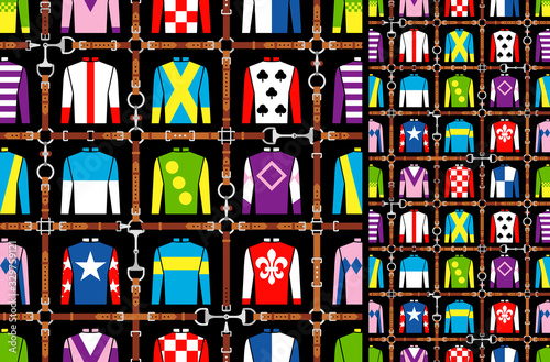 Seamless pattern jockey uniform. Traditional design. Silk. Harness, bridle, harness, belt. Horse racing fashion. Vector illustration
