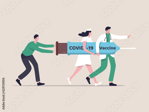 COVID-19 Vaccine treatment or medicine to cure coronavirus concept, medical professional doctor, nurse and patient help carry COVID-19 vaccine syringe and needle and walking to kill virus, flat design