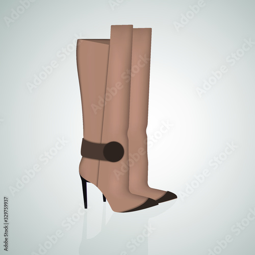Pair of boots vector. Flat style. Warm boots with high boot-top and heel from leather or suede for autumn or winter seasons. For shoes store ad, wear concept, icons, web design. Isolated on grey.