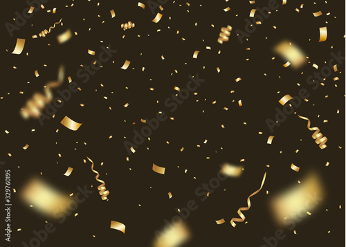 Vector Confetti backdrop. Gold Confetti Party Celebration Background With Ribbons And Particles.