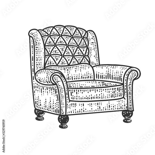 armchair sketch engraving vector illustration. T-shirt apparel print design. Scratch board imitation. Black and white hand drawn image.