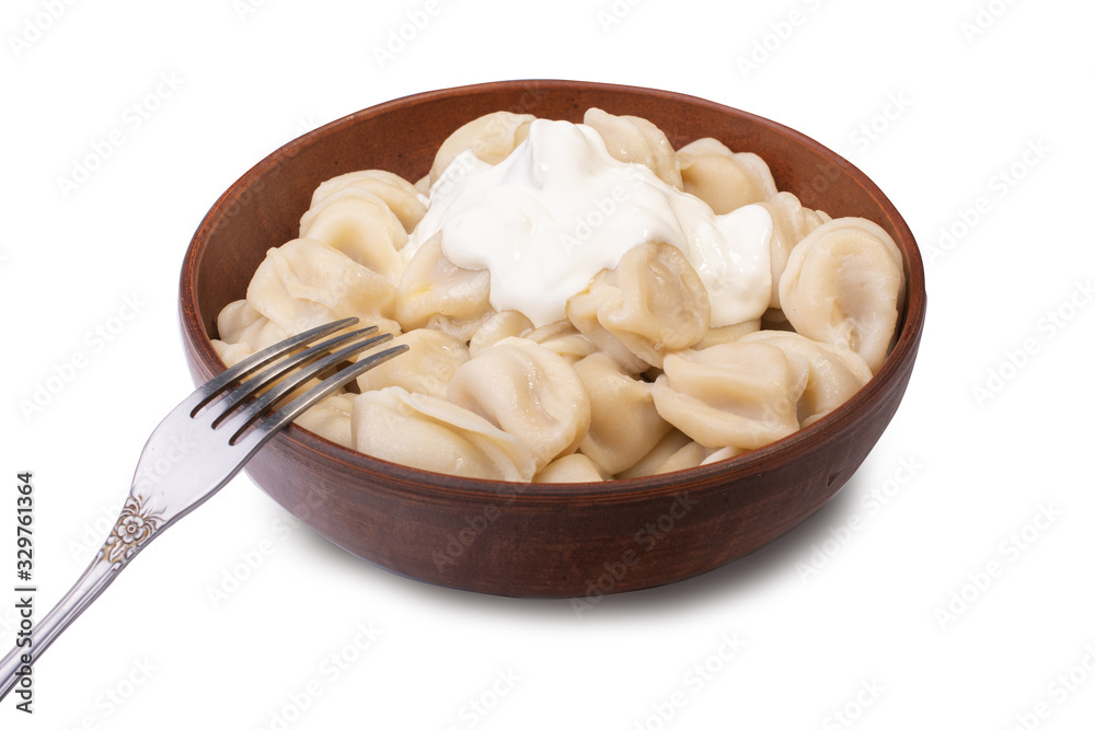 delicious dumplings with sour cream sprinkled with dill in a plate of red clay close up on a white background