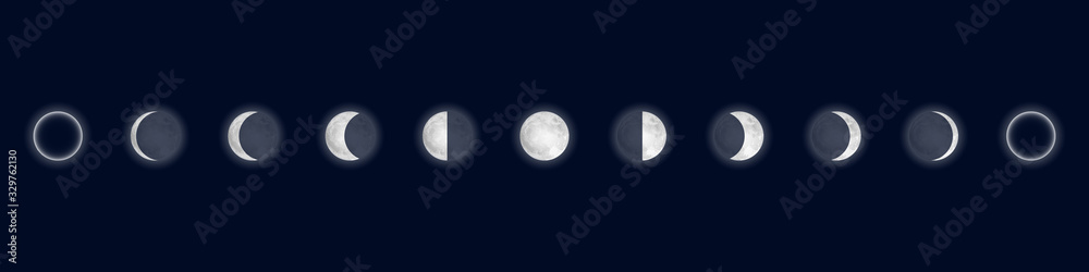 Lunar phases. Cycle from the full moon to new moon. Isolated on blue background. Vector illustration.