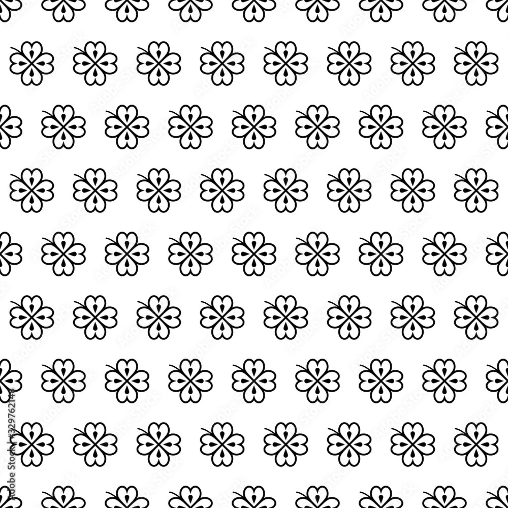 Seamless vector pattern with black clover leaves, shamrock on a white backdrop for St. Patrick's Day. Spring fest background for greetings card, flyer, decor, print, packaging design and more. Seamless vector pattern with black clover leaves, shamrock on a white backdrop for St. Patrick's Day. Spring fest background for greetings card, flyer, decor, print, packaging design and more.