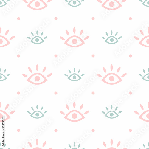 Fototapeta Cute seamless pattern with repeating eyes and polka dots. Modern trendy print. Simple vector illustration.