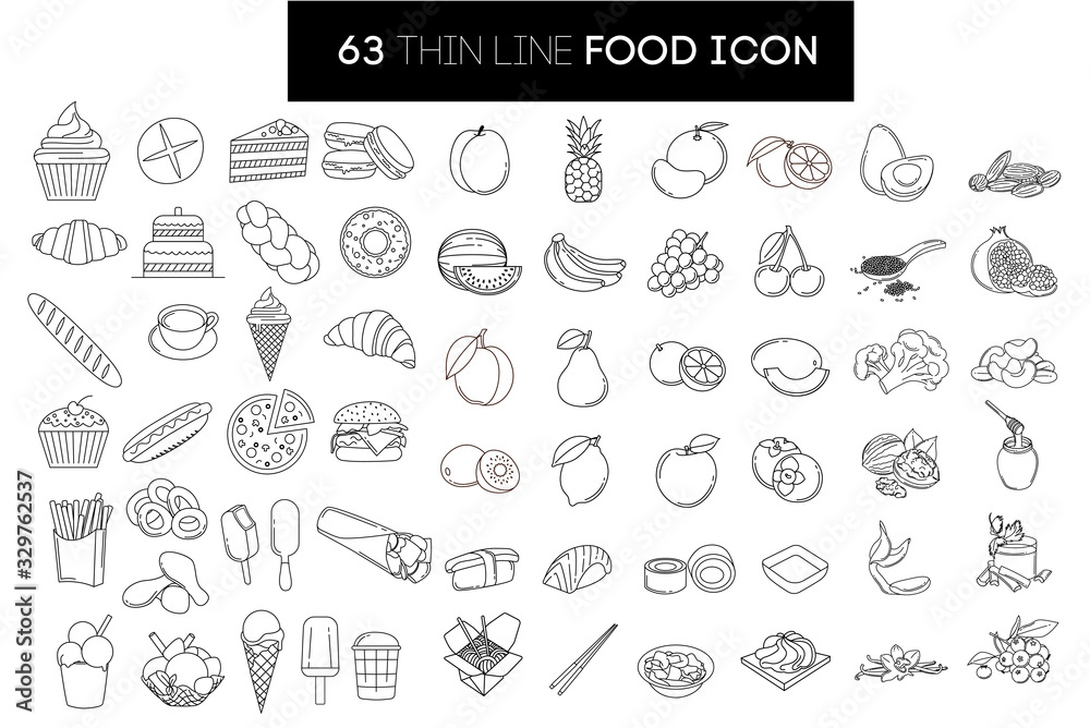 Large set of thin, linear icons. 63 isolated from background element. Images on the theme of baking, sweets, fruits, fast food, ice cream, superfood, sushi, honey, tea, nuts, cake, cake.