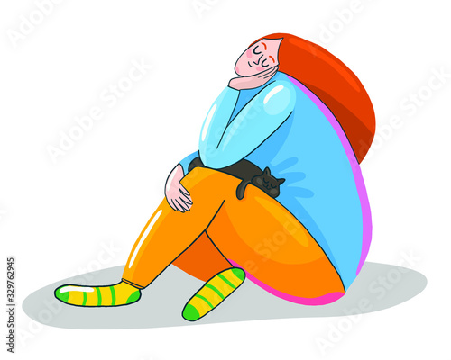 vector illustration of a cute girl sitting on her hands with a cat. red-haired girl hugging a cat