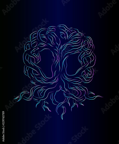 Vector sketch of freehand tree of life neon art design on blue gradient background